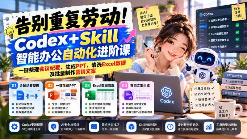 (21001期)告别重复劳动!Codex+Skill智能办公自动化进阶课:一键整理会议纪要、生成PPT、清洗Excel数据及批量制作营销文案-L-G网创