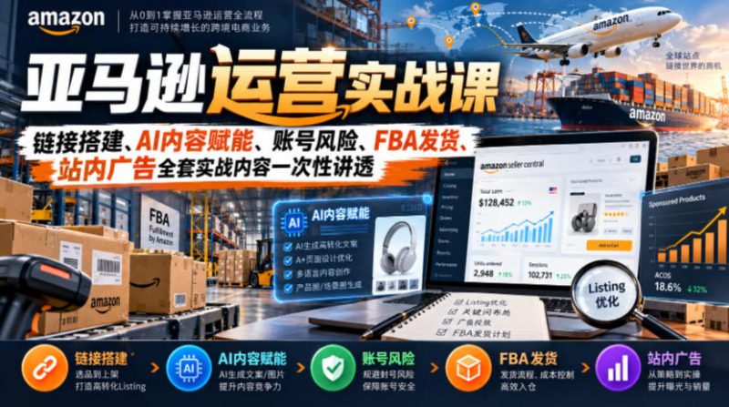 亚马逊运营实战课,链接搭建、AI内容赋能、账号风险、FBA发货、站内广告全套实战内容一次性讲透-L-G网创