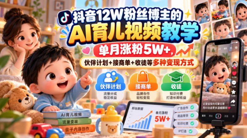 抖音12W粉丝博主的AI育儿视频教学,单月涨粉5W+,伙伴计划+接商单+收徒等多种变现方式-L-G网创
