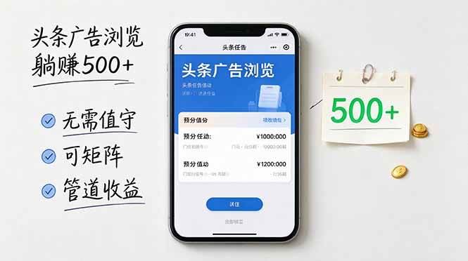 (21047期)头条广告浏览躺赚500+无需值守,可矩阵并附有管道收益-L-G网创